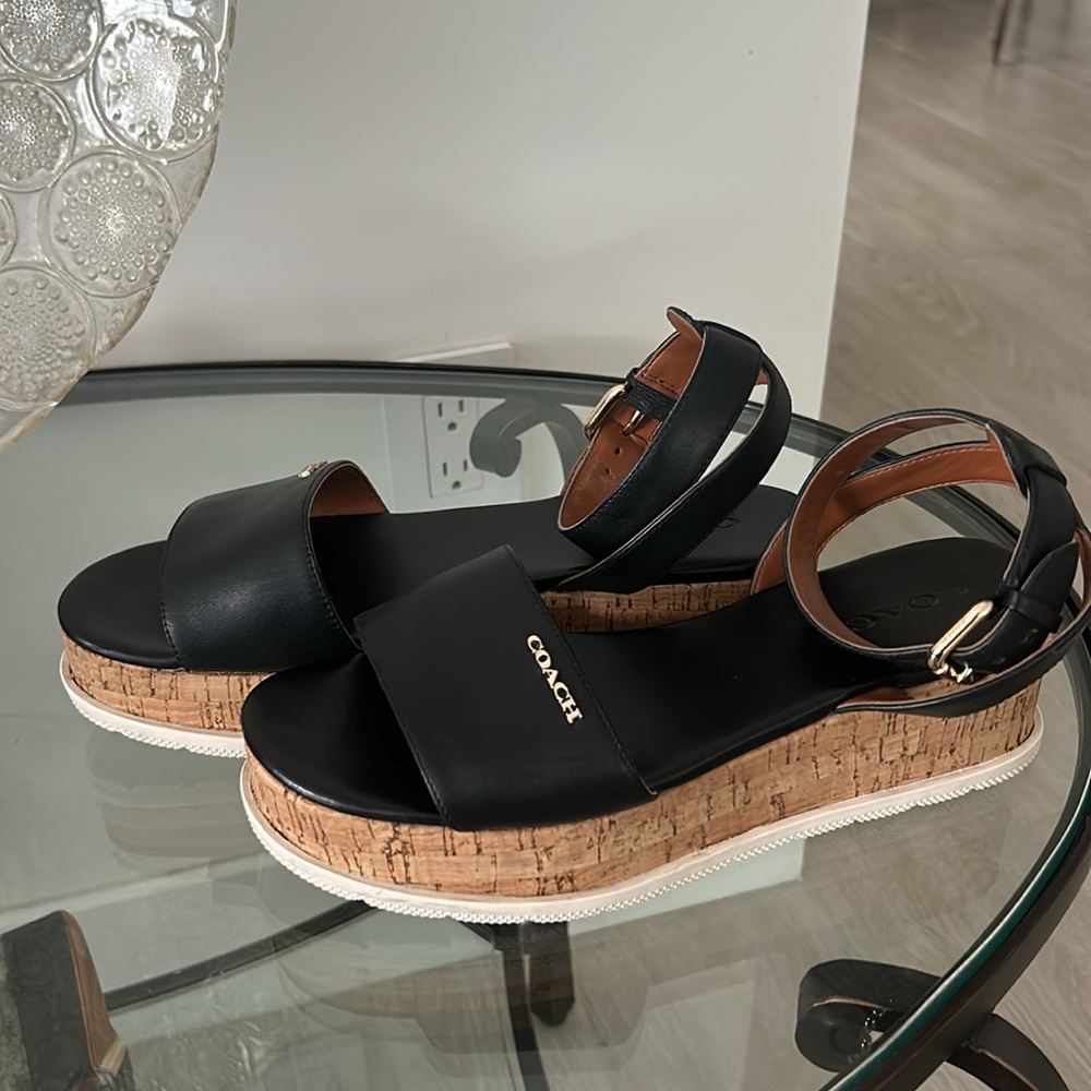 Coach black leather cork wedge sandals - Picture 5 of 6